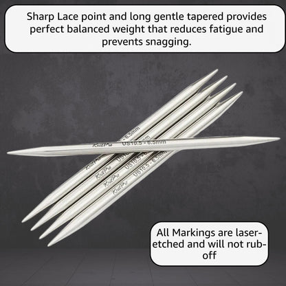 KnitPro Stelo Lace DPN Double Pointed Knitting Needles 6" (15cm) US 10 (6mm) Stainless Steel, Precision Tapered Tips, Smooth Yarn Glide, Ideal for Socks, Hats, & Sleeves, Incl. 10 Stitch Markers