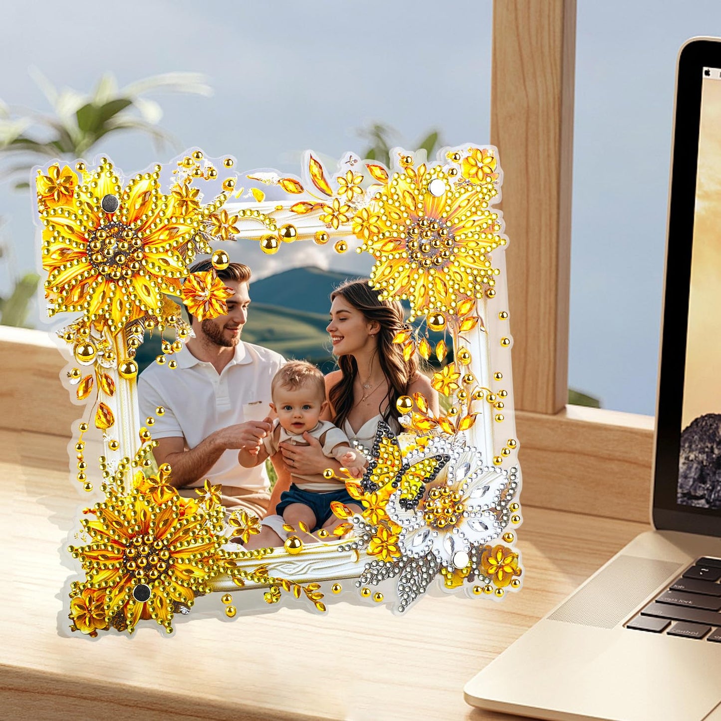 AIRDEA 5D Diamond Art Painting Desktop Photo Frame Ornament Flowers Butterfly Special Shape Diamond Dots Frame Kits for Adults,8x8in/20x20cm