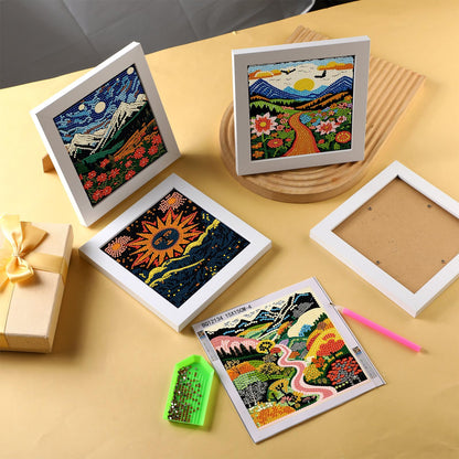 Geyoga 4 Pcs Boho Diamond Painting Kits with Frame Adults Sun and Moon Diamond Art Kits for Adults Beginner Kids Landscape Arts and Crafts Abstract Rhinestone Gem Art Table Decor Gift 7x7inch
