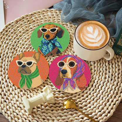 8 Pcs Dog Diamond Painting Coasters Kits with Holder,Dog Wearing Glasses Diamond Art Coasters with Wooden Pad,DIY Round Drill Rhinestone Painting Art Kit Craft for Adults Supplies Gift 4X4 Inch.