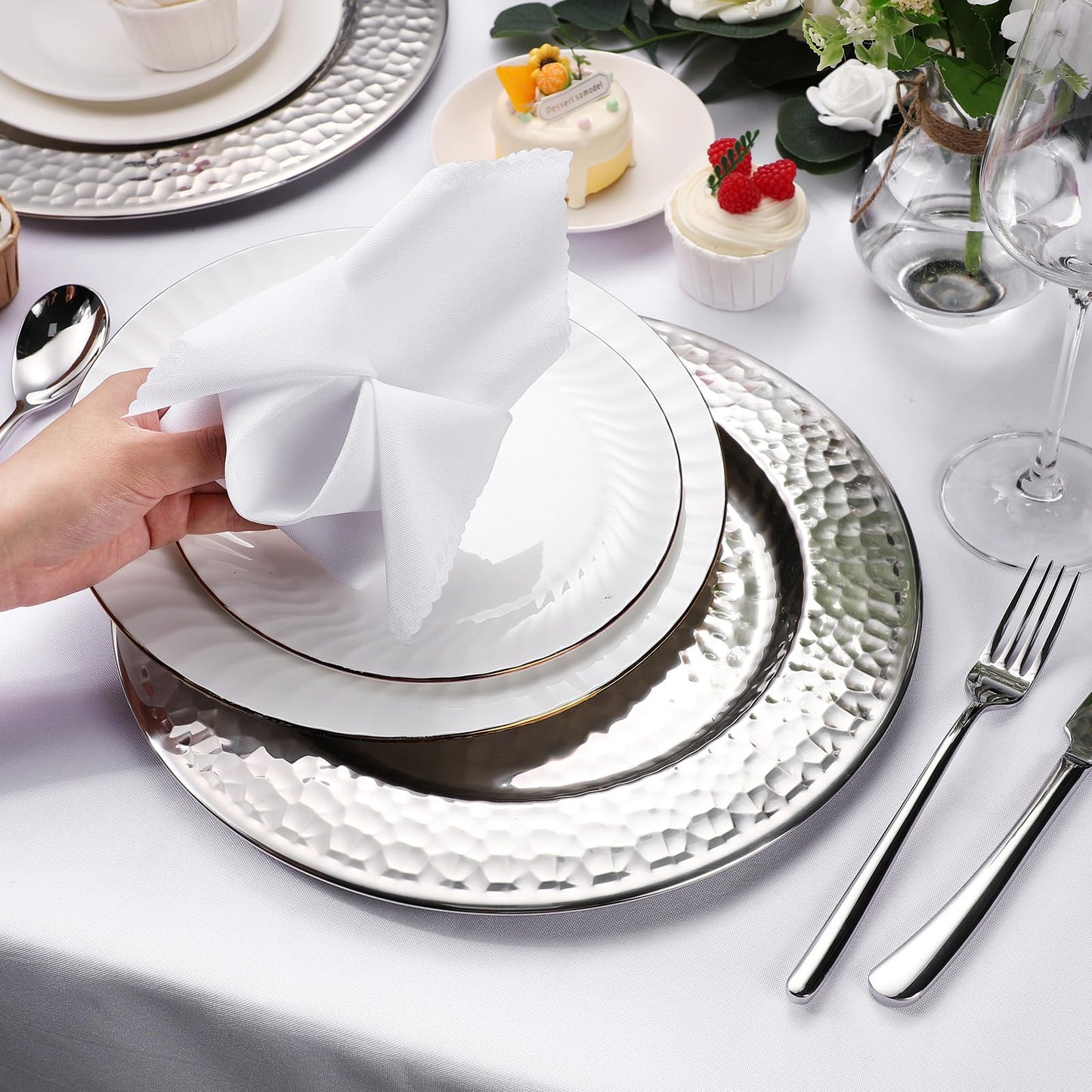 FillTouch 12 Packs Chargers Plates Bulk 13 Inch Stainless Steel Hammered Rim Round Elegant Dinner Plates Luxury Decorative Chargers for Wedding Party Catering Upscale Events (Silver)