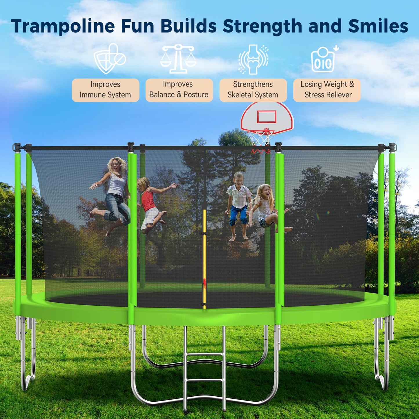 Tatub 12FT Trampoline for Kids and Adults, Outdoor Recreational Trampolines with Basketball Hoop & Enclosure Net, Green