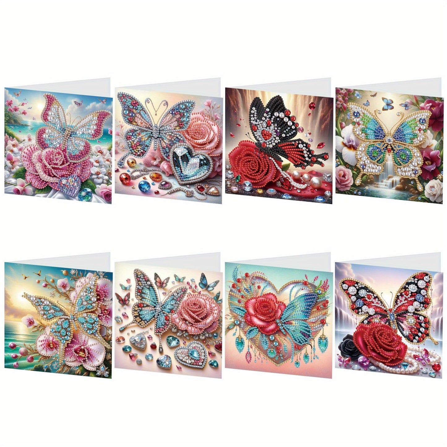 Tontut 8pcs Flower Butterfly Diamond Art Painting Greeting Card, 5D DIY Special Shape Diamond Painting Christmas Birthday Mother's Day Father's Day Teacher's Day Greeting Card Creative Gifts