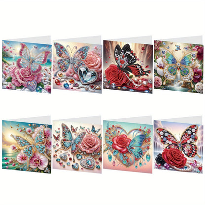 Tontut 8pcs Flower Butterfly Diamond Art Painting Greeting Card, 5D DIY Special Shape Diamond Painting Christmas Birthday Mother's Day Father's Day Teacher's Day Greeting Card Creative Gifts