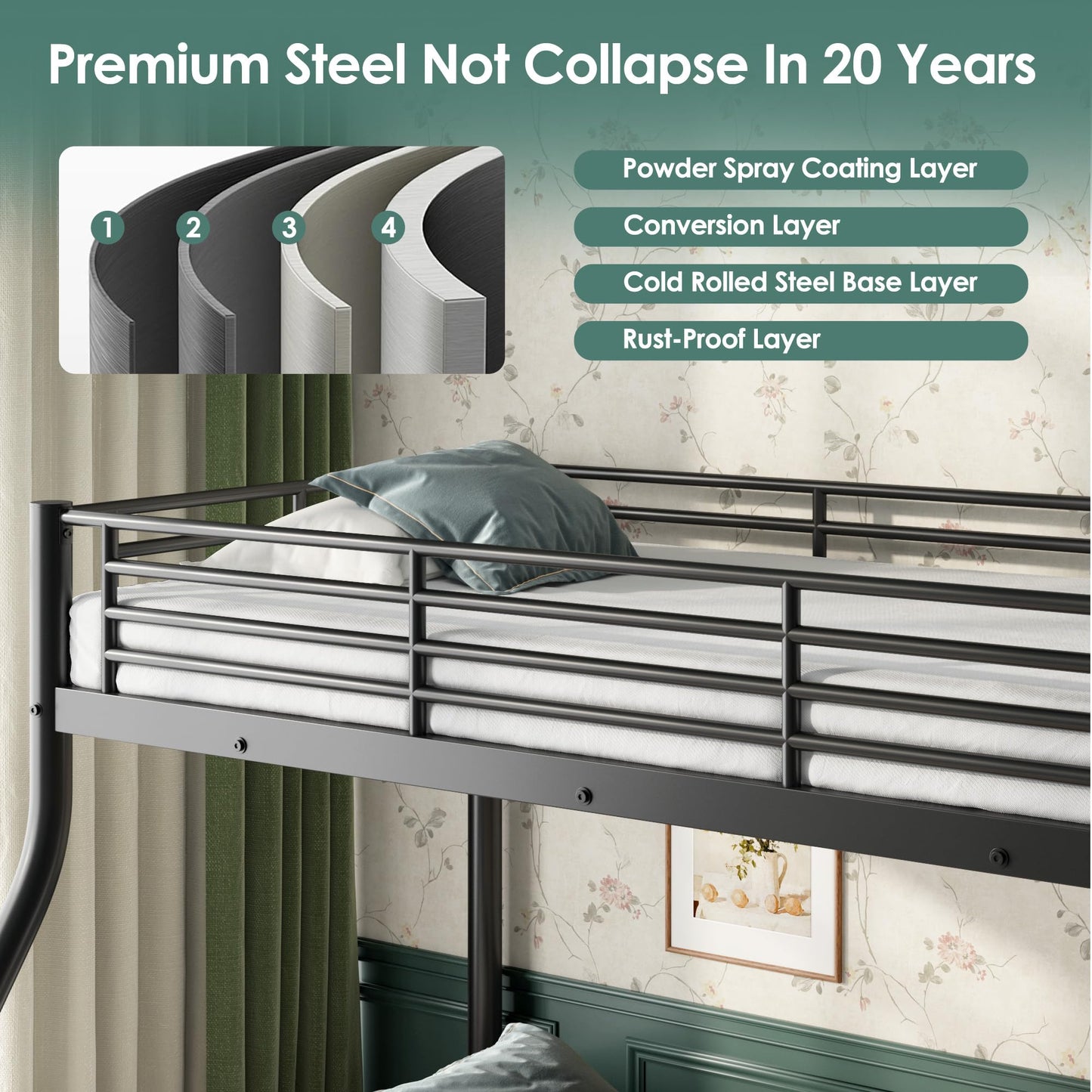Cyranture Twin XL Over Queen Bunk Bed Size, Heavy Duty Bunk Beds with Bottom Space & Guardrail Metal Bunk Bed Frame for Adults Dorm Bedroom Guest Room, No Box Spring Needed（Upgrate Black）