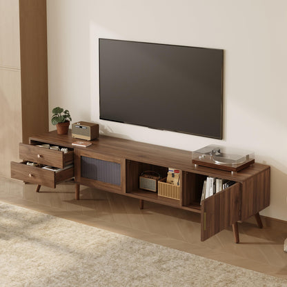 Merax Modern 76 Inch TV Stand for 85 Inch TV, Wood Grain Media Console with Glass Doors, Storage Cabinets & Drawers, Entertainment Center for Living Room Bedroom
