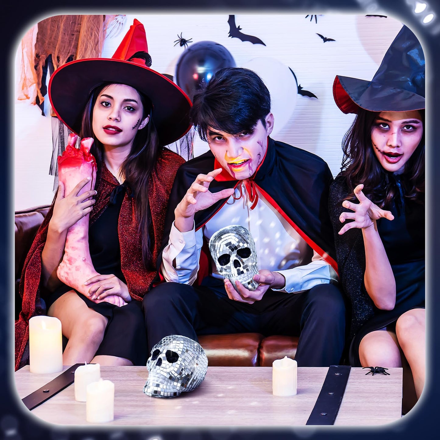 WinnerWhy 2 Pcs 3D Disco Halloween Decor Disco Halloween Skull Skeleton Head Status Mirror Ball Skull Tiered Tray Decor Home Table Centerpiece for Graveyard Indoor Outdoor Holiday