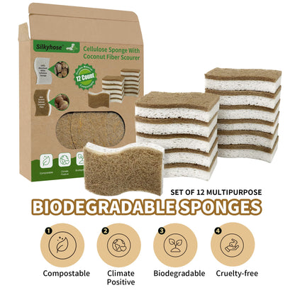 Natural Kitchen Sponges, Biodegradable & Compostable | Non-Scratch Cellulose Coconut Fiber Sponges for Dishes, Pots & Pans | Eco-Friendly Cleaning Sponge (12)