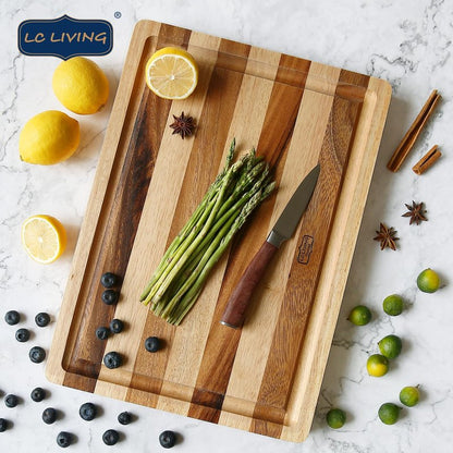 Thai End Grain Acacia Wood Striped Rectangular Butcher Board with Groove, best for chopping serving butcher board, prep station, kitchen deco, cheese, meat, bread, veggies & fruits, 19"x14"