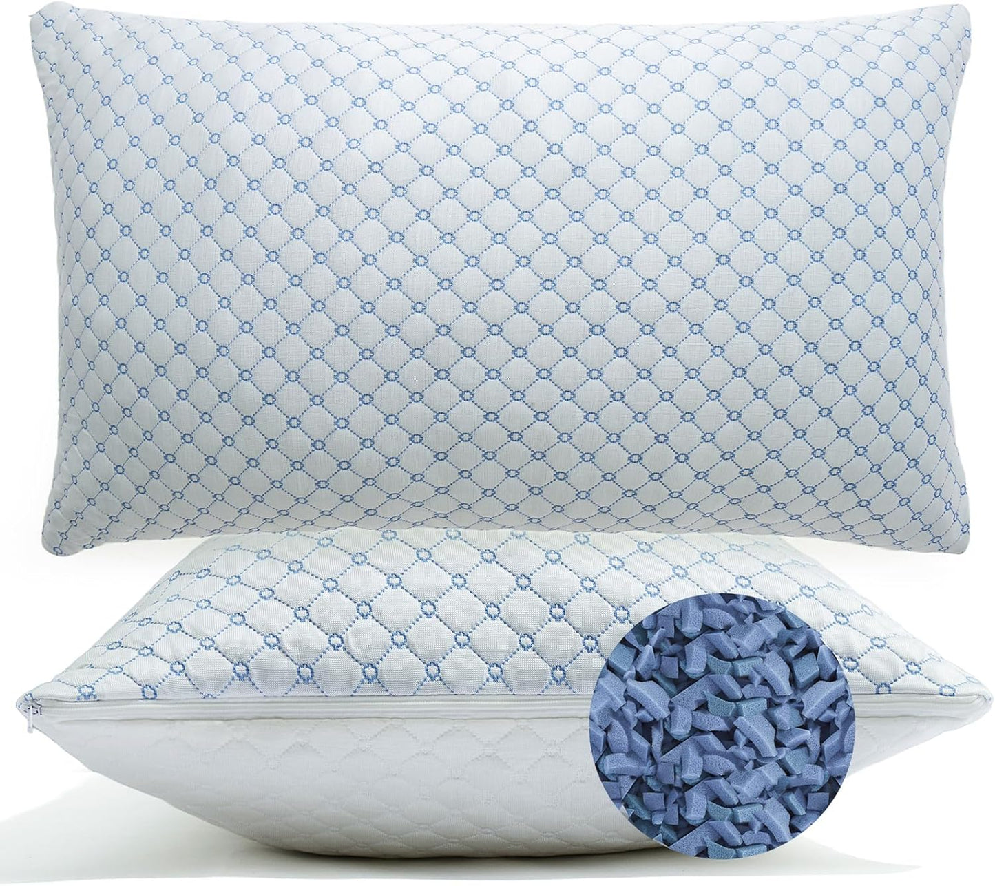 Skiennix Cooling Bed Pillows - Adjustable Shredded Memory Foam for Neck Support | Queen Size 2-Pack