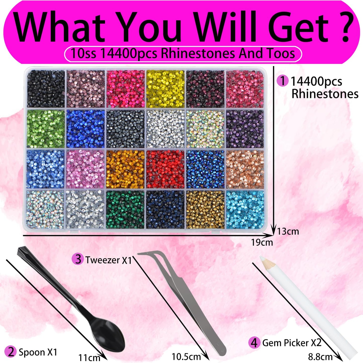 LPBeads Glass Hotfix Rhinestones Bulk SS10 14400pcs 24 Colors Hotfix Crystal Flatback Rhinestones for Crafts Clothes with Tweezers and Wax Pencil Kit