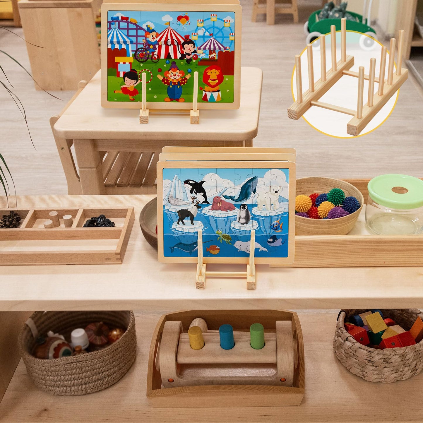 Barydat 2 Pcs Wooden Puzzle Display Stand Jigsaw Holder Rack Puzzle Pot Lid Storage Organizer Shelf for Playroom Decor Craft Collection Lovers