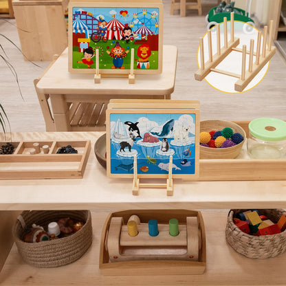 Barydat 2 Pcs Wooden Puzzle Display Stand Jigsaw Holder Rack Puzzle Pot Lid Storage Organizer Shelf for Playroom Decor Craft Collection Lovers