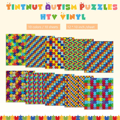 Tintnut Puzzle Pieces Heat Transfer Vinyl - 10 Sheets 10x12 Inch Autism Awareness Puzzles Craft Cutter HTV Vinyl Rainbow Color Pattern Printed Iron on Vinyl