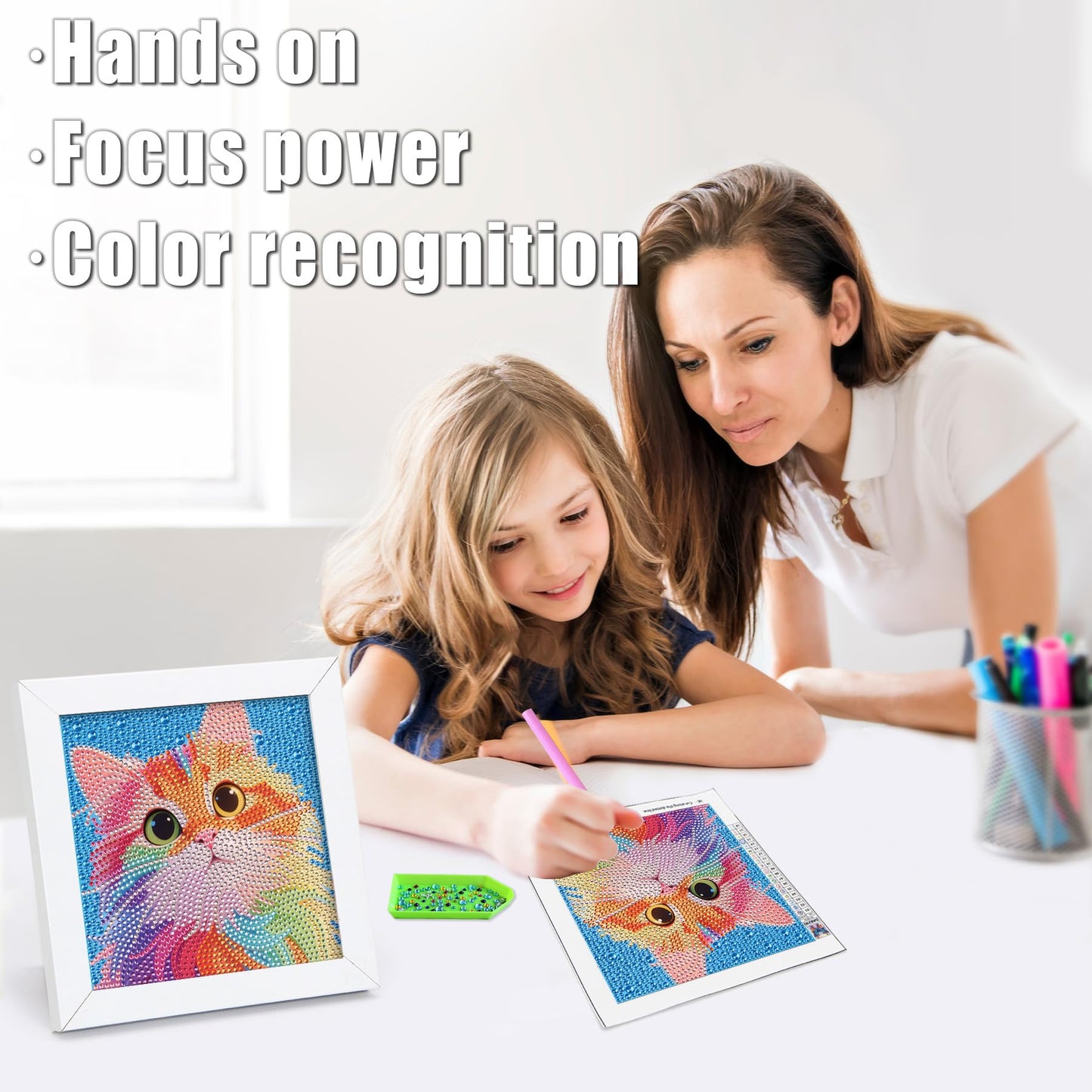 geesfayan Diamond Art Kits for Kids Ages 8-12,6 Inch DIY Gem Art Painting with 7 Inch Frame, Complete Starter Kit for Beginners, Creative Arts & Crafts Gift for Girls & Boys (Colorful Cat)