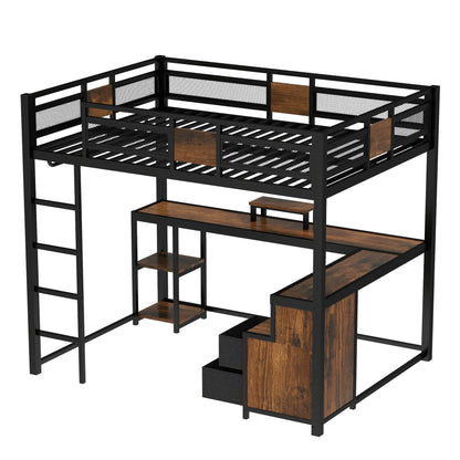 Bellemave Queen Loft Bed with Desk and Fabric Drawer, Metal Queen Size Loft Bed Frame with guardrail and Ladder for Adults, Kids, Teens, Black