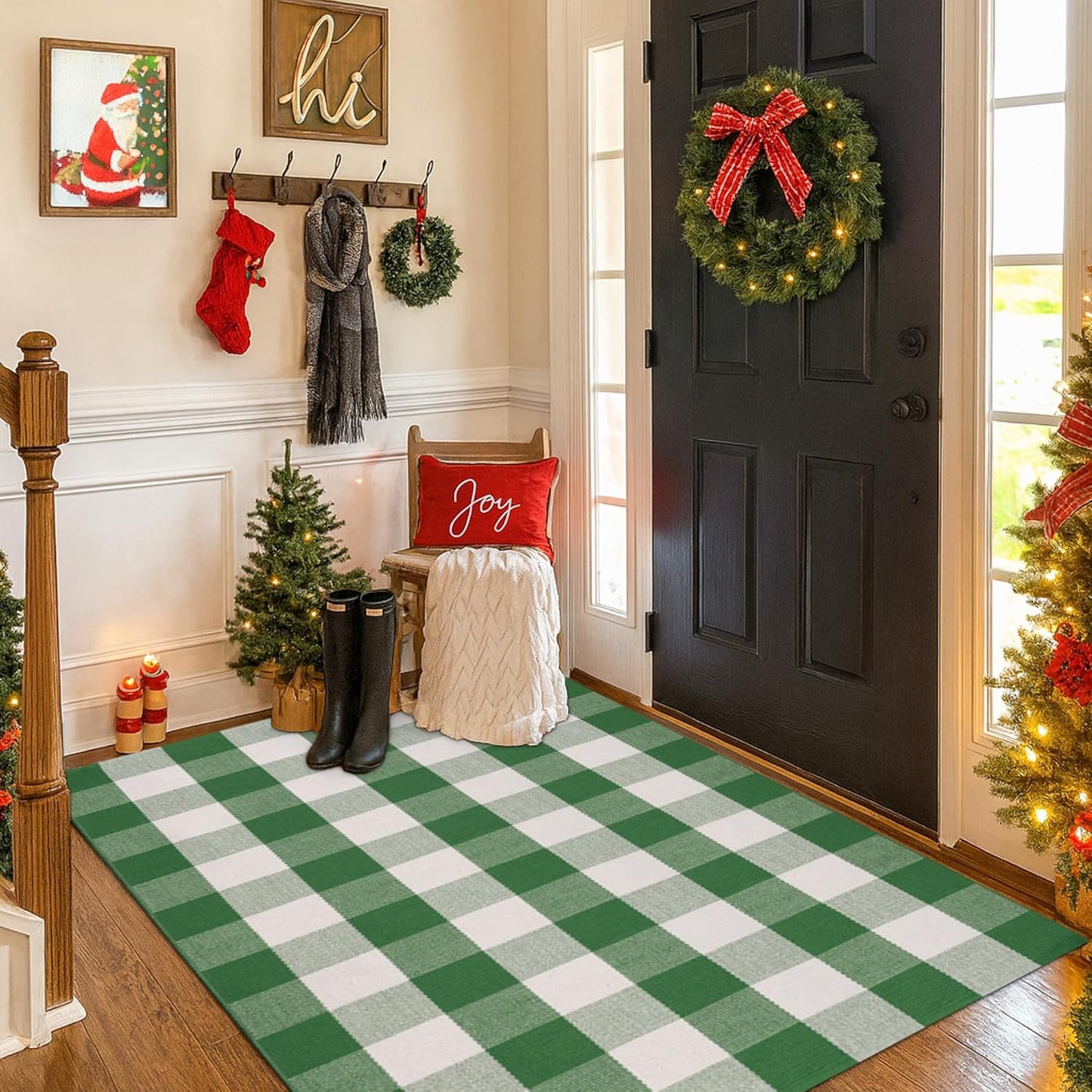 28 43 Inches Christmas Green & White Plaid Rug - x Outdoor Front Door Decor Mat Cotton Washable Hand-Woven Rug