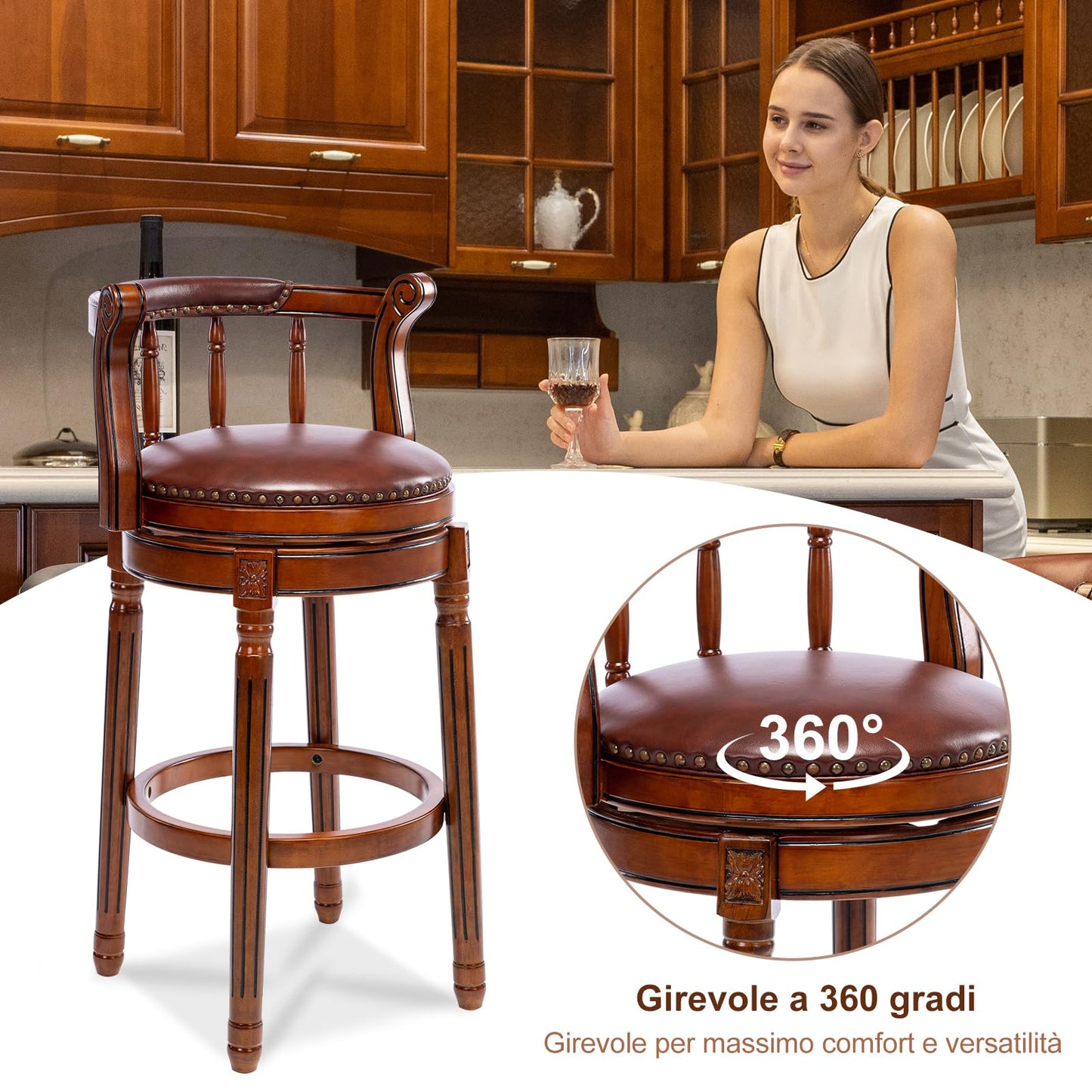AULIFE Cow top Leather Wooden Bar Stools, 360 Degree Swivel Bar Height Chair with Backs for Home Kitchen Counter, Morden Chair Barstools (Brown 1pc, Bar Height-Seat Height 29.5”)