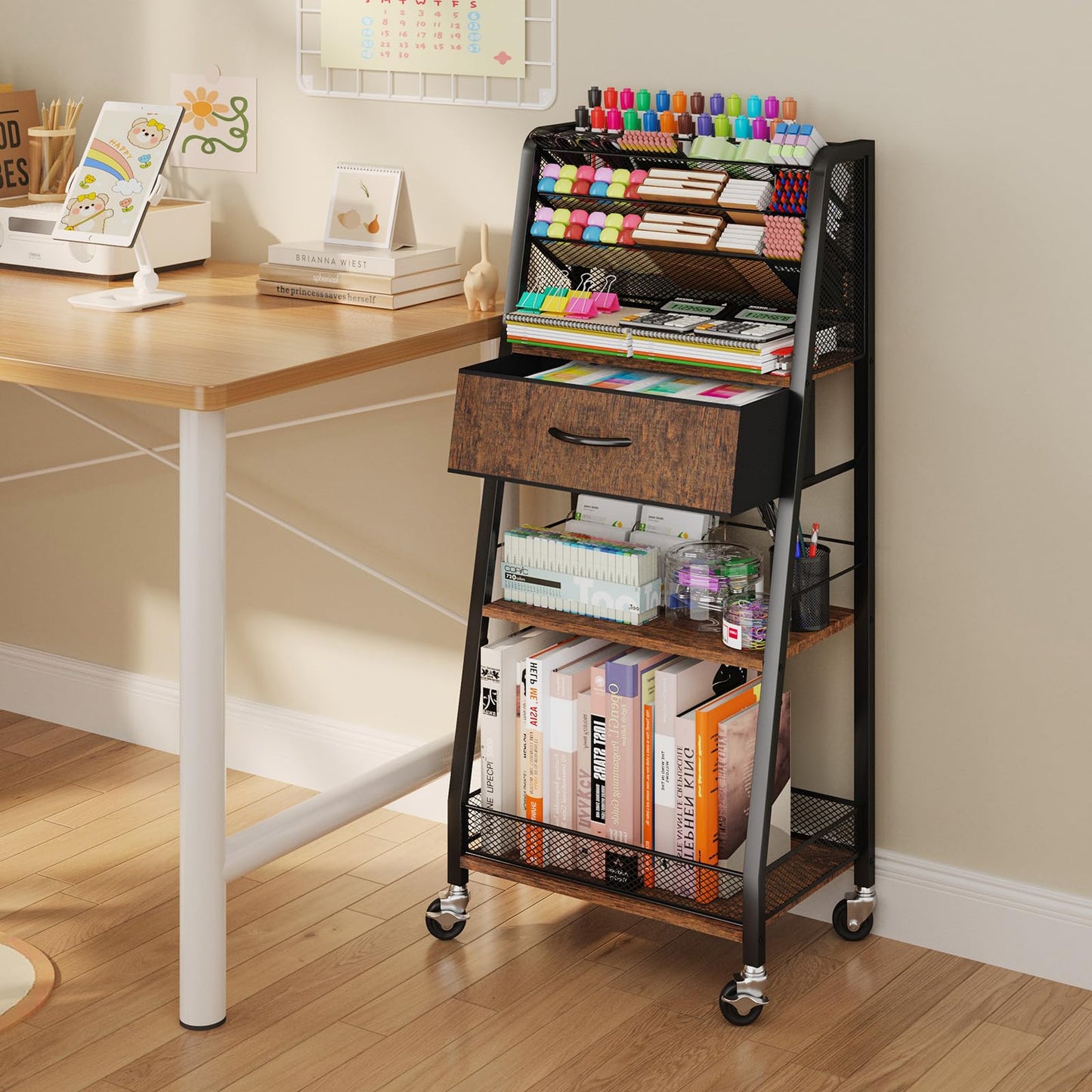Homsorout 3 Tier Rolling Cart - Metal Utility Cart with Storage Drawer and Wheels, Versatile Art & Craft Organizer for Home, Office, or Studio - Ideal for Storing Brushes, Paints, and Supplies