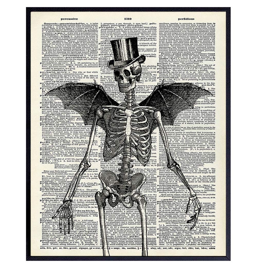 Skeleton Decor - Bat Wall Decor - Steampunk Decoration - Gothic Home Print Wall Art - Goth Room Picture - Gothic Gifts - Medieval Art - Creepy Scary Poster 8x10 - Halloween Decorations - Skull Picture
