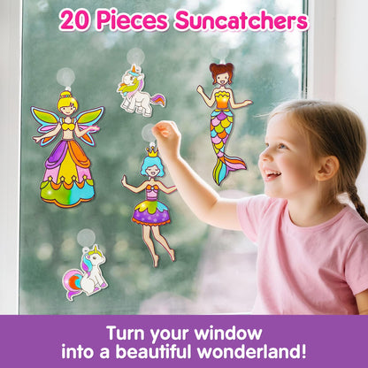 Mocoosy Princess Window Art Kit for Kids, DIY Suncatcher Art and Craft for Kids Ages 4-6-8, Stained Glass Window Art Painting Set for Girls, Unicorn Toys Easter Basket Stuffer Gift 5 6 7 8 9 Years Old