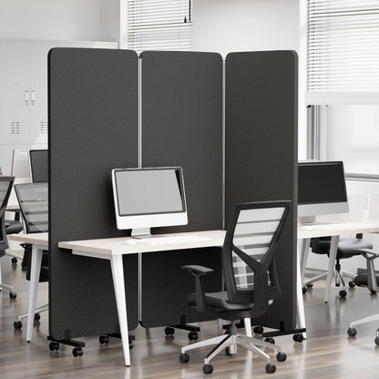 KERRAM 3 Panel Foldable Office Partitions, Mobile Cubicle Wall with Wheels, 71 x 66 Inch Noise Cancelling & Sound Proof Room Dividers Partition Wall, Aluminum Frame Dark Gray