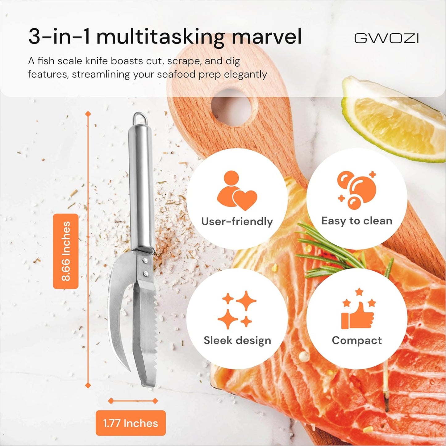 Fish Scale Knife 3-in-1, Multifunction Fish Scaler Remover Tool for Cut/Scrape/Dig, Stainless Steel Fish Descaler