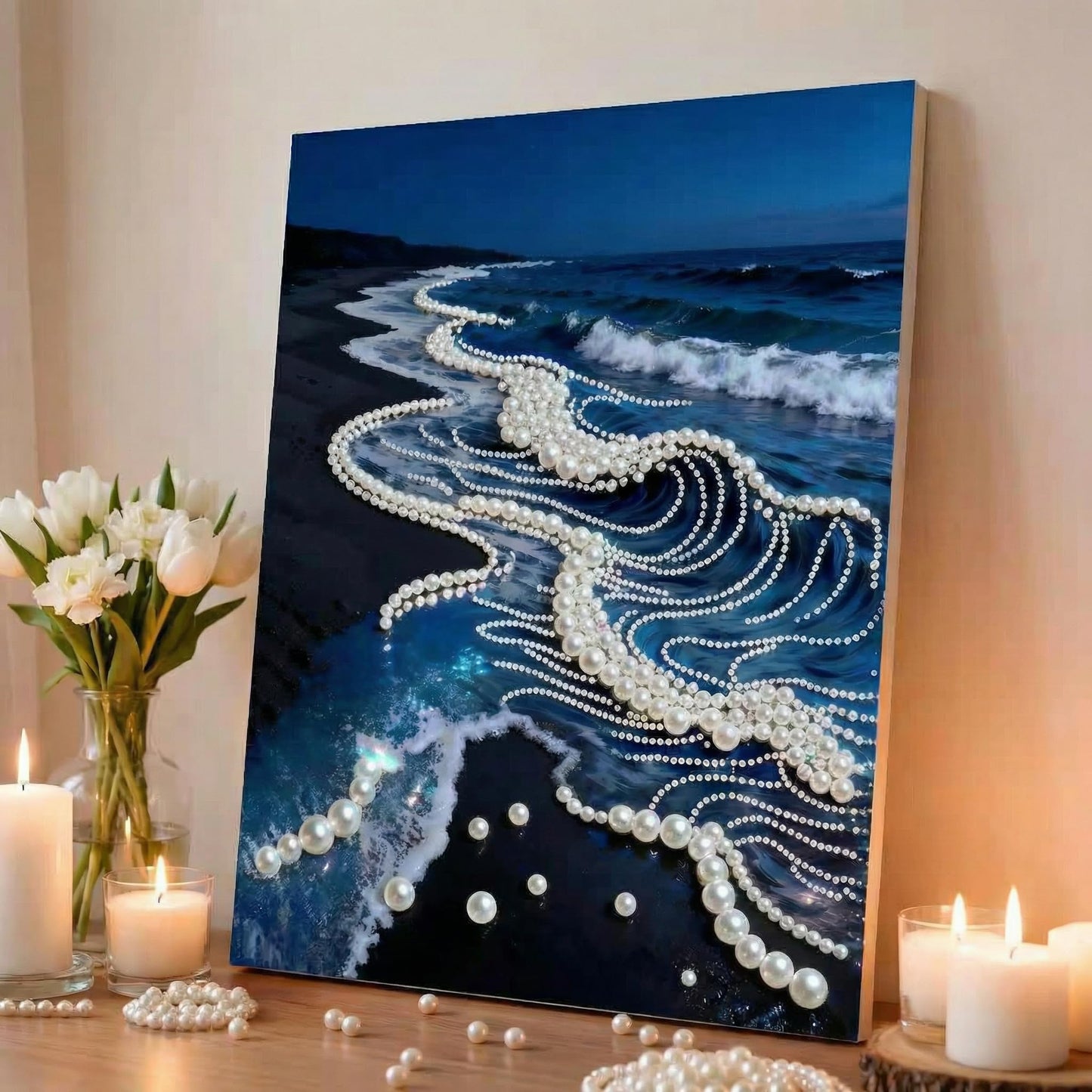 vhemo DIY 3D Pearl Painting Kit with Wooden Frame - Upgraded Diamond Art Kits for Adults, Ready to Hang Gem Painting, Relaxing Paint by Numbers, Creative Mosaic Craft (Serene Beach)