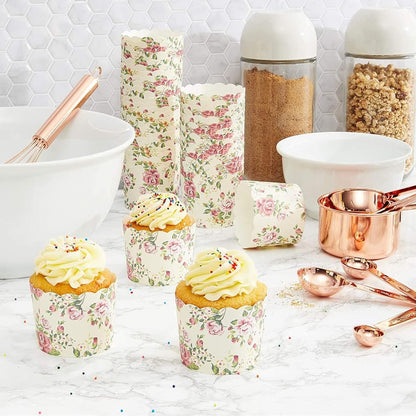 Sparkle and Bash Vintage Floral Cupcake Liners & Baking Cups - 50 Pack Yellow 2.25 x 2.75 In, Oven Safe