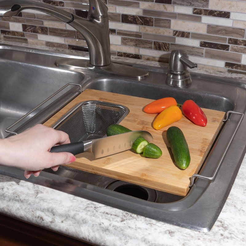 Cutting Board with Strainer - 2 in 1 Adjustable Bamboo Chopping Board with Removable Stainless Steel Colander for Over the Sink by Classic Cuisine