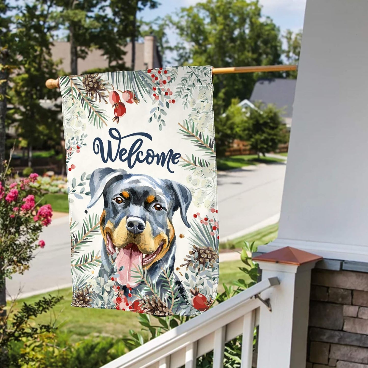 Welcome Rottweiler and Winter Flower Home Flag, 12 x 18 Inch Double-Sided Outdoor Yard Decorative Garden Flag
