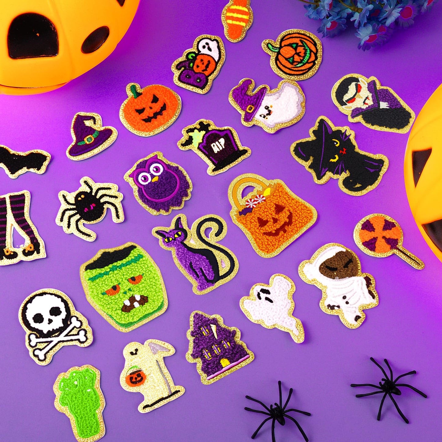 50 Pcs Halloween Patches Chenille Patches Self Adhesive Embroidered Autumn Halloween Pumpkin Ghost Skeleton Witch Hat Spider Gravestone Zombie Stick on Patch Stickers for Backpacks Hats Bags Jackets