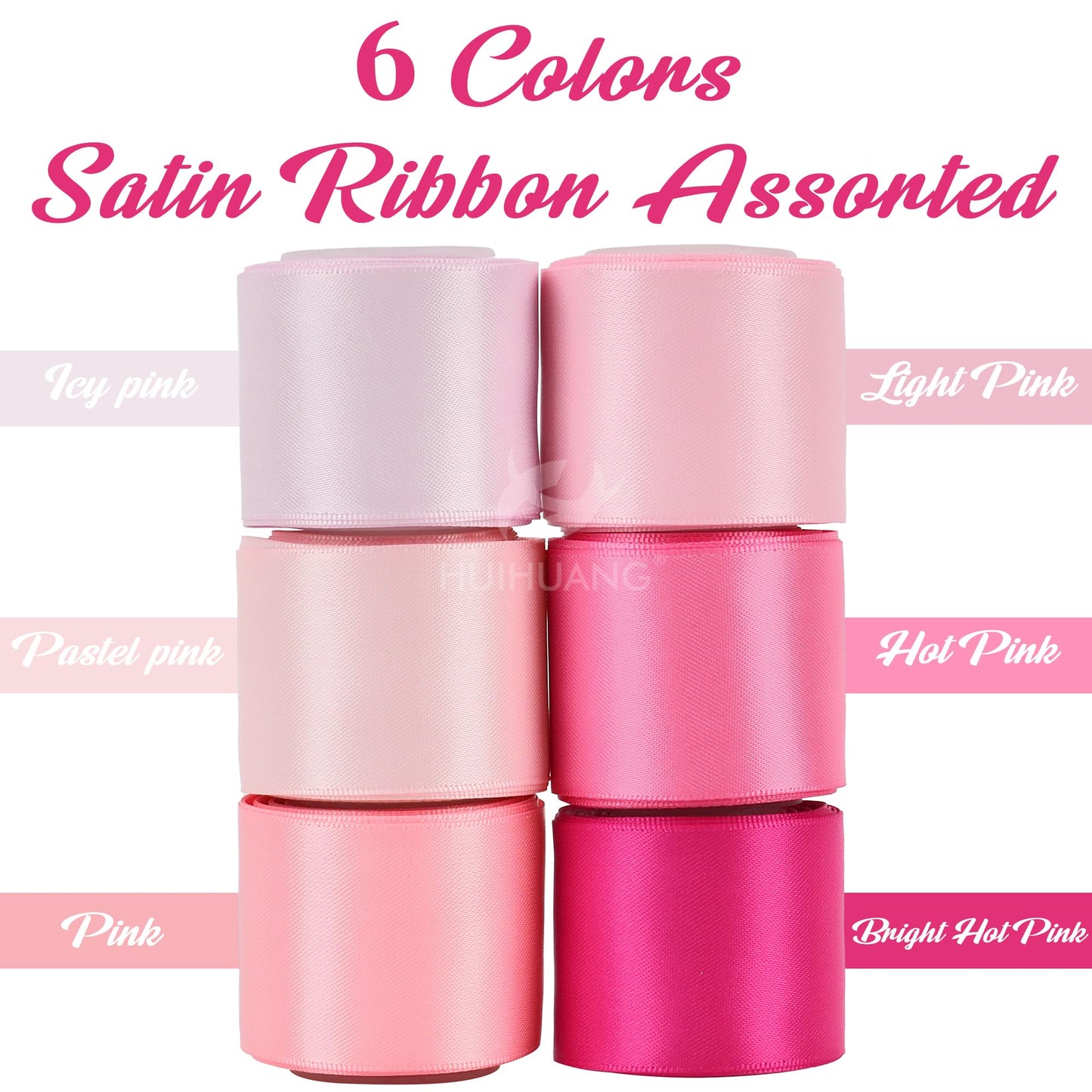 HUIHUANG Pink Ribbon 1-1/2" Satin Ribbon Assorted Pink/Hot Pink Satin Ribbons for Flower Bouquet, Gift Wrapping, Hair Bows Crafts, Wedding Bridal Shower Decor- 6 Rolls, Total 30 Yards