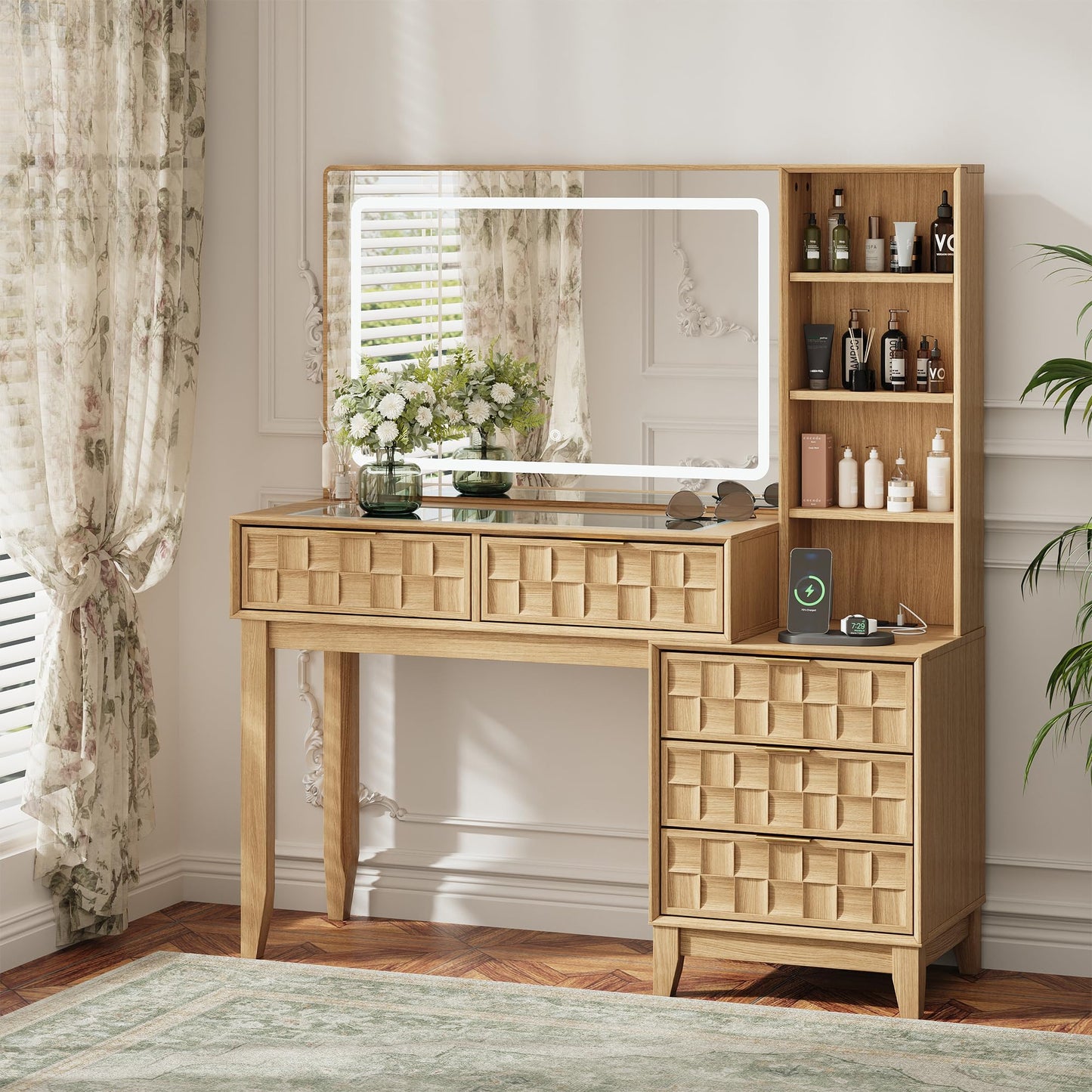 MALOL 50" Checkerboard Vanity Desk, Large Glass Top Dressing Table with 5 Drawers & 4 Storage Shelves, Wooden Makeup Vanity with Built-in Power Strip with USB & Type-C, Natural Wood