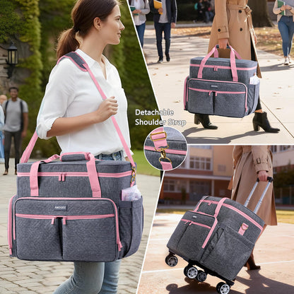 AMOIGEE Rolling Tote Bag with Wheels and Handle, Sewing Machine Case, Craft Organizer Tote for Scrapbooking Storage, Teacher Rolling Bag, Craft Supply Storage, Art Bag, Rolling Cart for Teachers