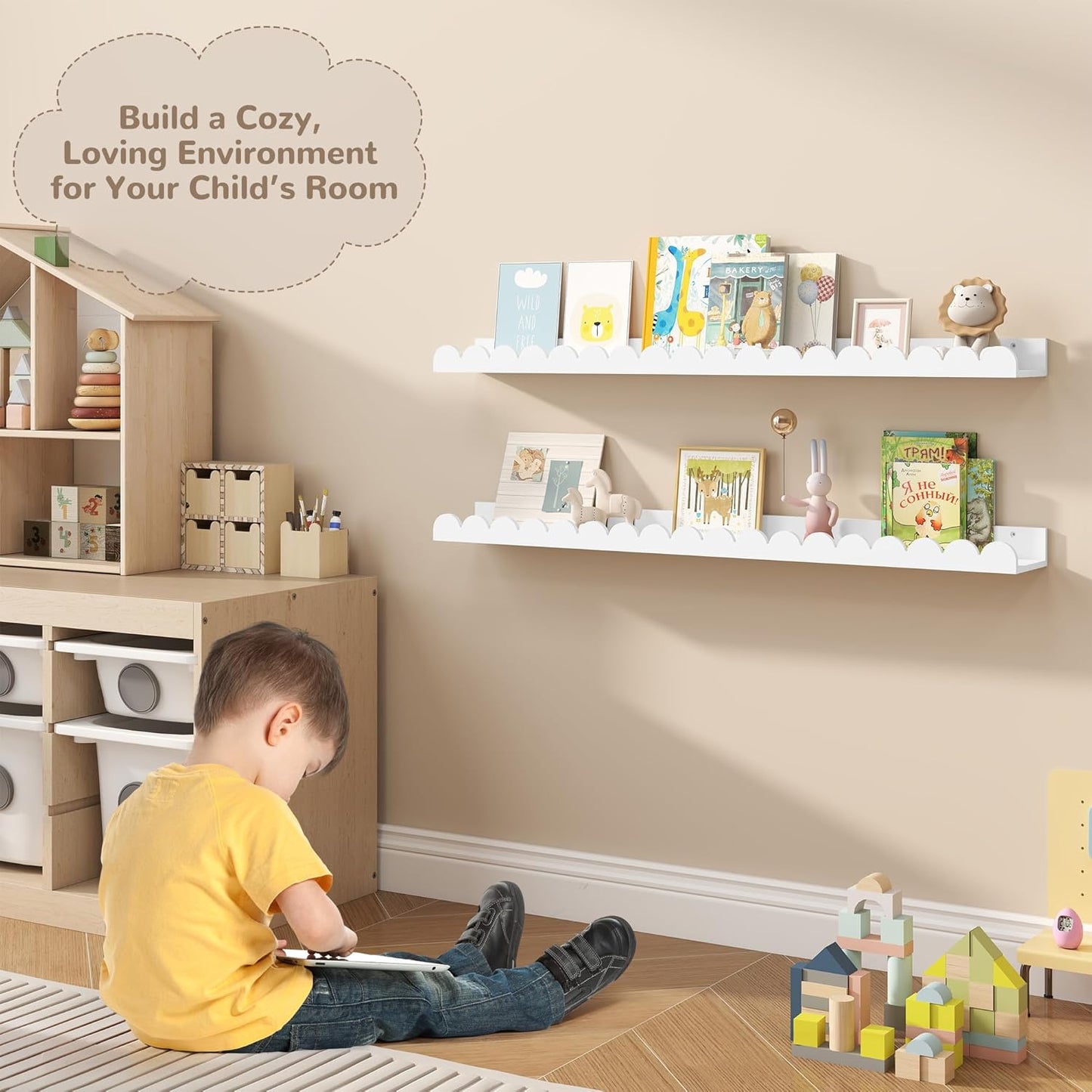 36 Inch Set 2, Fun Memories Scalloped Nursery Shelf, White Picture Ledge for Wall, of Kids Book Shelves with Floating