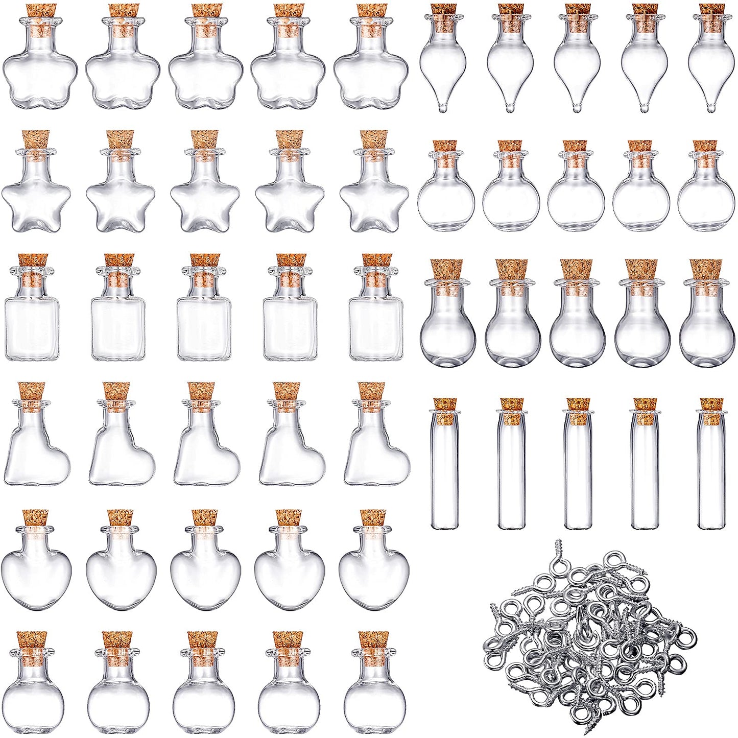 Patelai 50 Pieces Small Mini Glass Jars Bottles with Cork Stopper 10 Style Christmas Wishing Glass Cork Bottle and 50 Pieces Eye Screws for Wedding Birthday Christmas Party Home Decoration