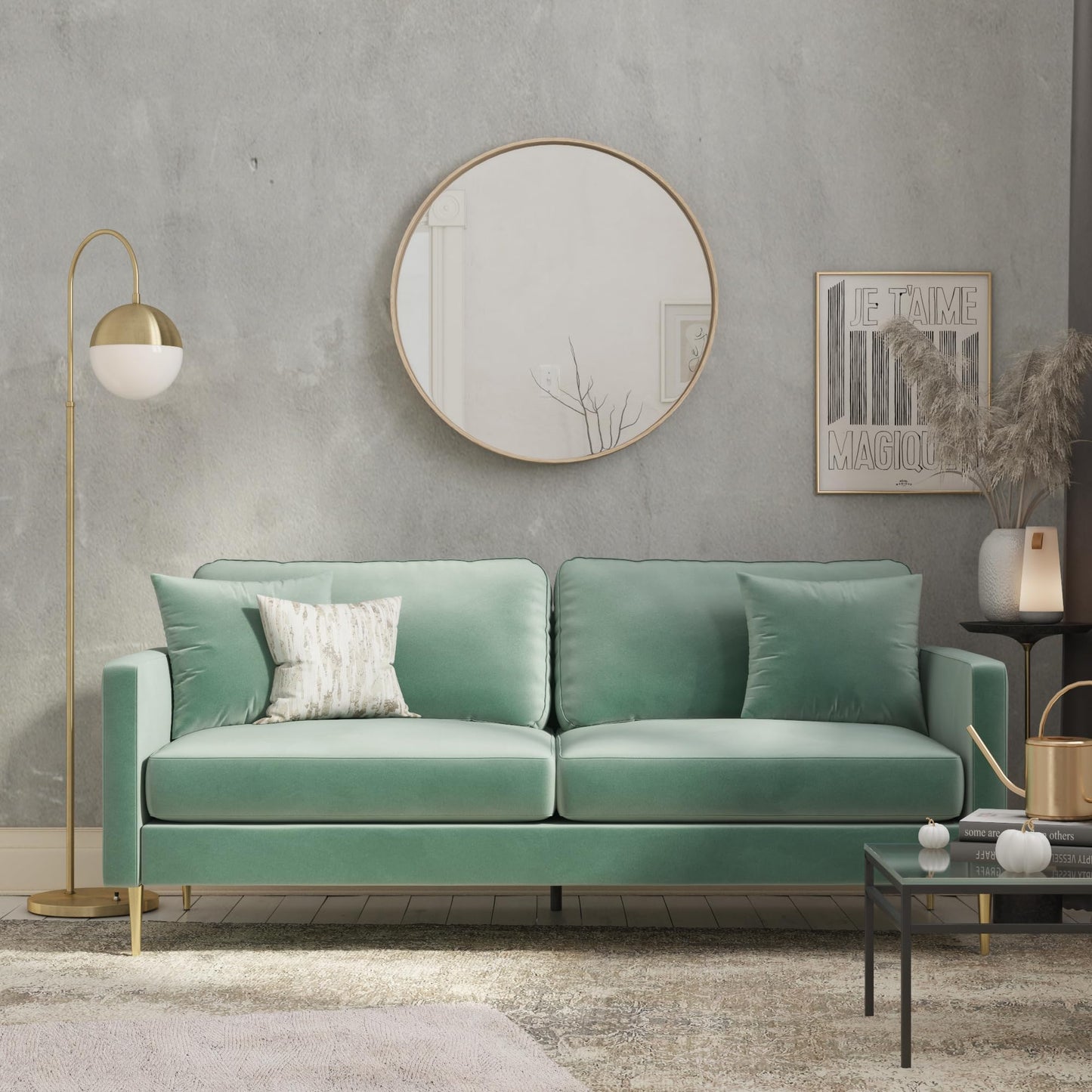 CosmoLiving by Cosmopolitan Highland Sofa Couch with Pillows, Green