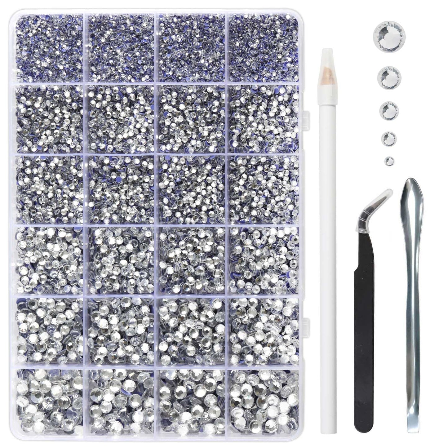 Crystal Hotfix Rhinestones Multi Sizes Kit, 14400 pcs Heat Fix Rhinestone for Bedazzling Clothes Crafts Mixed 5 Sizes with Wax Pencil, Tweezers and Spoon, SS6-SS30, Crystal