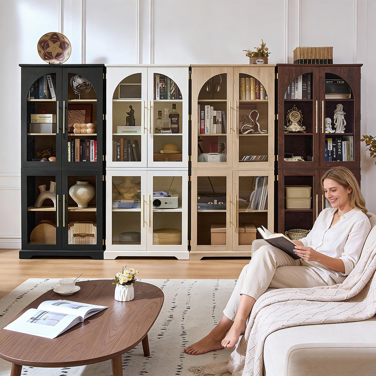 Joaxswe 72" Tall Bookshelf with 4 Curved Glass Doors, Farmhouse Bookcase with 3-Tier Adjustable Shelves, Modern Living Room Display Cabinet, Large Storage Cabinet for Home Office,Dining Room, Black