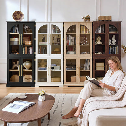 Joaxswe 72" Tall Bookshelf with 4 Curved Glass Doors, Farmhouse Bookcase with 3-Tier Adjustable Shelves, Modern Living Room Display Cabinet, Large Storage Cabinet for Home Office,Dining Room, Black