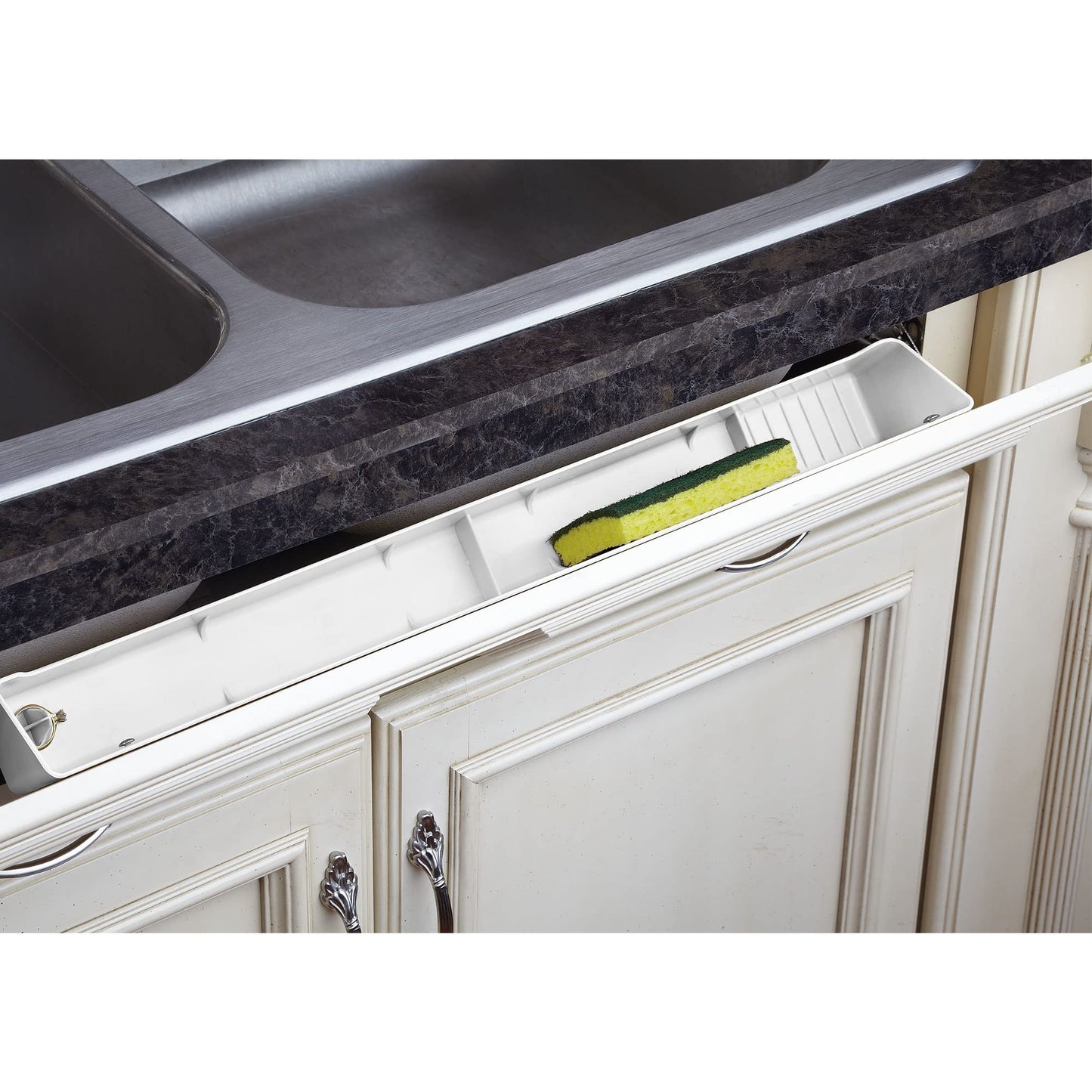 Rev-A-Shelf 30" Tip-Out Plastic Sink Tray for Kitchen and Bathroom Base Cabinets, Large Pullout Vanity Shelf Home Organizer, White, LD-6591-30-11-1