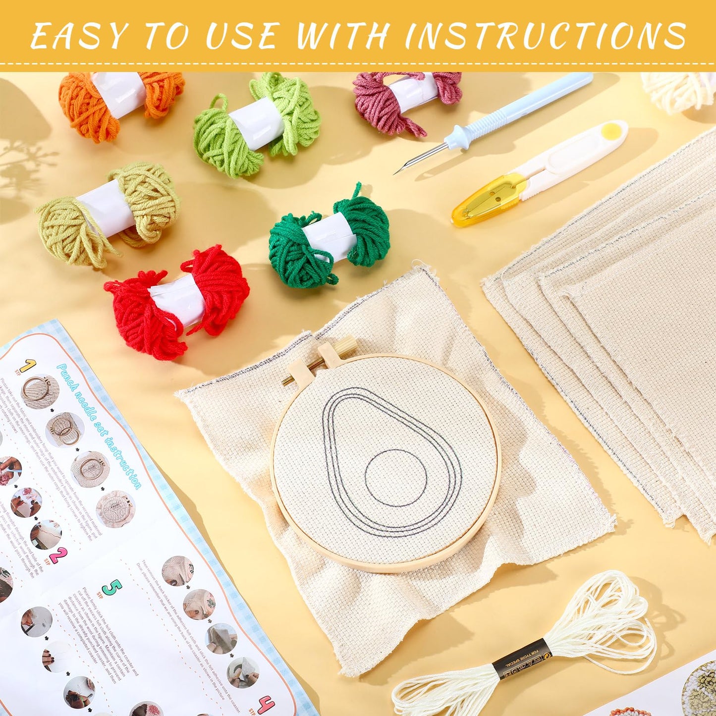 Yaomiao 6 Pcs Fruit Punch Needle Coaster Kit Punch Needle Embroidery Kits Craft Supplies with Patterns Yarns Tools Adhesive Felt Embroidery Hoop Instruction Holder for Adult DIY