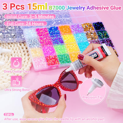 46000Pcs Jelly Rhinestones for Bedazzling, 2 Boxes Multicolor 4mm & Silver Clear 2/3/4/5/6mm Resin Flatback Gems for Crafting, Bedazzler Kit with 3Pcs 15ml B7000 Jewelry Glue for Book Clothes Crafts