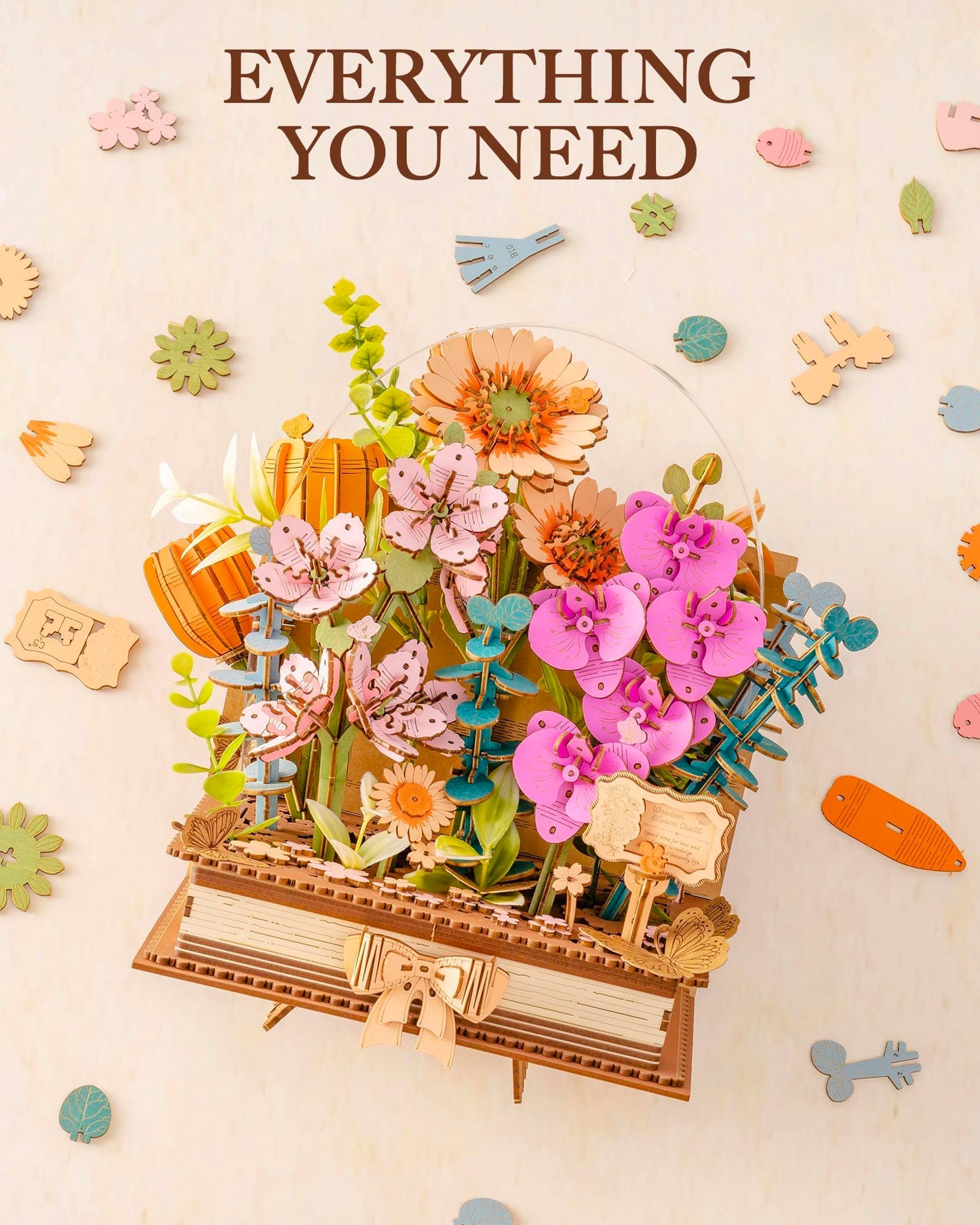 Wowood 3D Wooden Flower Puzzles for Adults-Wooden Bloom Book, Mothers Day DIY Crafts Model Kits Building Set Birthday Gifts, Artificial Botanical Decor Creative Gift for Women to Table Dispaly(552PCS)