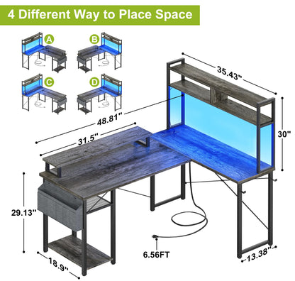 Besiost Small L Shaped Gaming Desk with Power Outlets, 48" Reversible L Shaped LED Computer Desk with Monitor Stand & Storage Shelf, Corner Gamer Desk Home Office Desk with Storage Bag, Black Oak