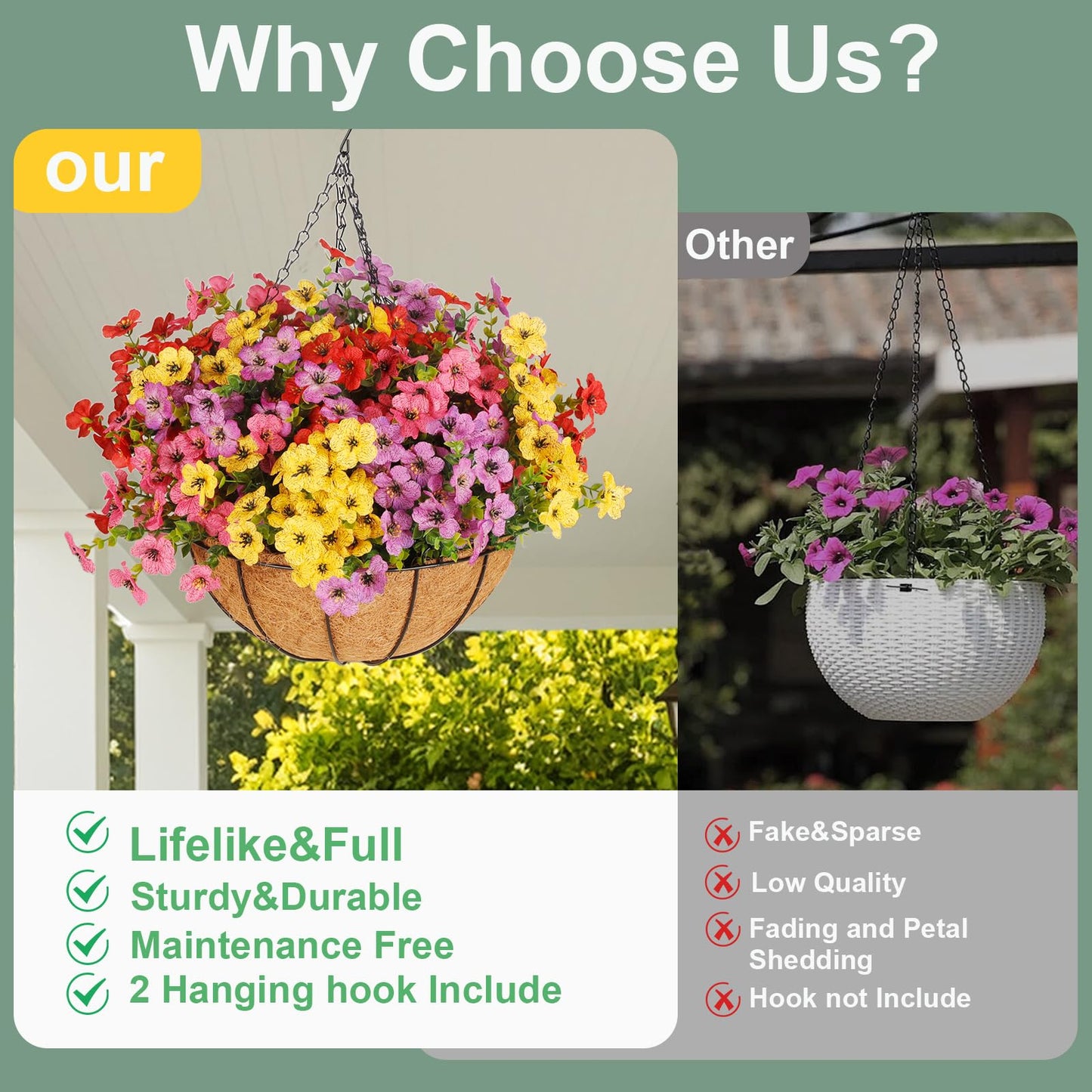 Wanderroot Artificial Outdoors Flowers with Hanging Basket, UV Resistant Fake Hanging Flowers, Faux Silk Plants with Planters for Porch Home Patio Balcony Yard (Rose Red, Purple, Yellow, Red)