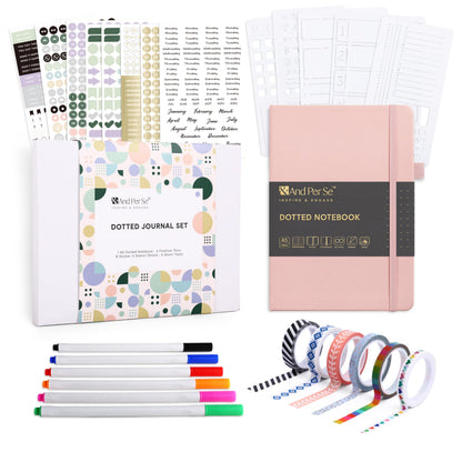 &And Per Se Dotted Journal Kit – Journaling set with Dotted Notebook, Stencils, Stickers, Washi Tapes & Colored Pens for Beginners (Pink)