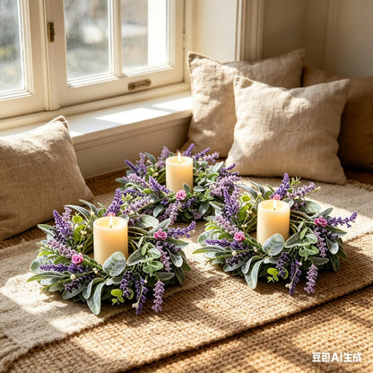 8 pcs Mini Lavender Candle Rings Wreaths Purple Daisy Pillar Holder Wreath Artificial Wild Flower Spring Summer Floral Wreath for Farmhouse Porch Cabinets Table Decoration