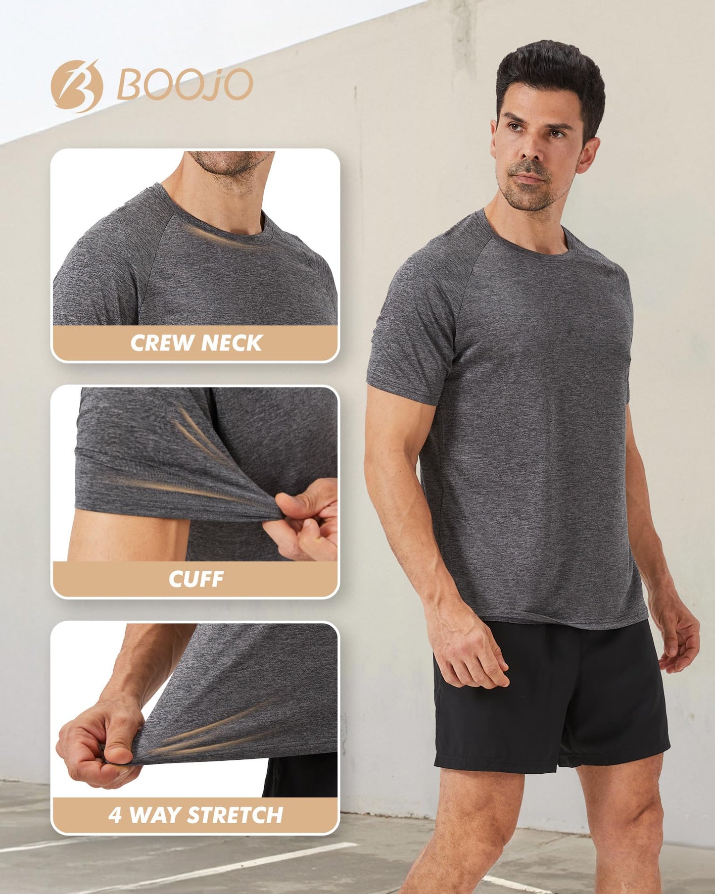 BOOJO 3 Pack Workout Mens Shirts - Quick Dry Causal Moisture Wicking Work Gym Athletic Short Sleeve for Basketball Running